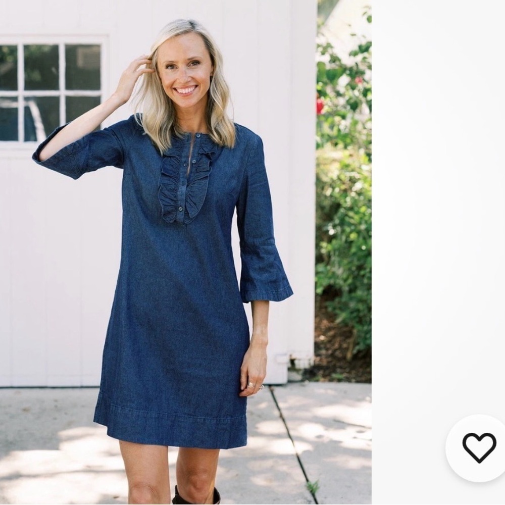 DRAPER JAMES 12 Chambray sit neck blue ruffle cotton shift mini dress boho chic
